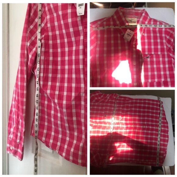 Hollister NEW Cotton Gingham Check Button Shirt Top Blouse Pink Long Sleeves S - Picture 14 of 14